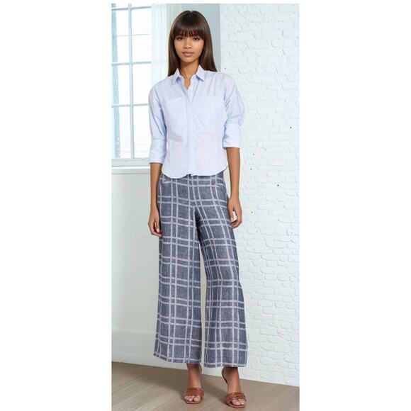 Eva Franco Pants - NWT Eva Franco Hepburn Wide Leg Indigo Plaid High Rise Linen Pants 2